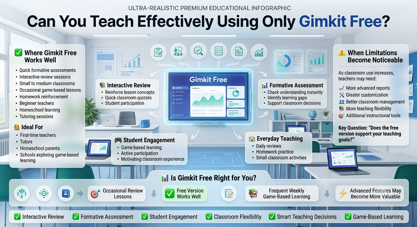 Educational infographic explaining whether teachers can effectively use the free version of Gimkit, highlighting classroom benefits, practical limitations, formative assessment, and student engagement.Can You Teach Effectively Using Only Gimkit Free? A Practical Guide for Educators.Can You Teach Effectively Using Only Gimkit Free