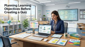 A teacher planning interactive quiz learning objectives on a laptop with lesson materials, educational resources, and a modern classroom in the background.