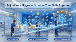 Premium 16:9 educational gaming hero banner showing players progressing from beginner to advanced Gimkit strategy through skill development, smarter upgrade planning, and strategic decision-making in a futuristic classroom.