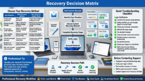A professional educational technology infographic featuring a Gimkit account recovery decision matrix, troubleshooting checklist, recovery workflow, and login verification steps for teachers and students.