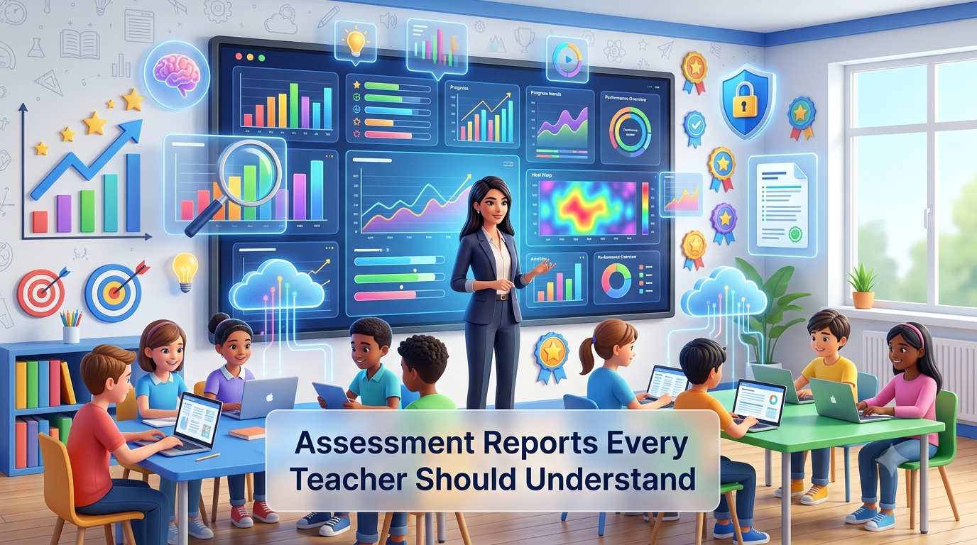 Premium 16:9 educational hero banner showing a teacher analyzing student assessment reports on a large interactive dashboard with performance charts, progress analytics, learning gap indicators, personalized instruction icons, and digital classroom insights.Assessment Reports Every Teacher Should Understand