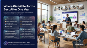 Premium editorial website hero banner showing a teacher evaluating Gimkit after one year, featuring classroom review sessions, student engagement, performance analytics, educational workflow, strengths, limitations, and professional infographic panels.