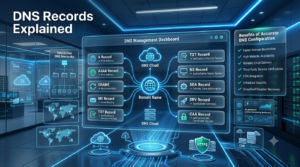 Futuristic DNS management dashboard explaining A, AAAA, CNAME, MX, TXT, NS, SOA, SRV, and CAA records with cloud infrastructure and website networking.DNS Records Explained – Complete Guide to Website Infrastructure