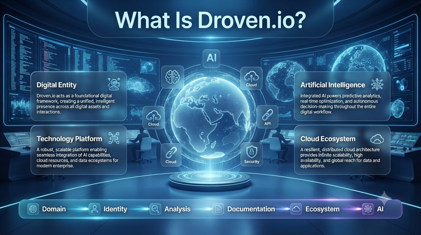What Is Droven.io technology infographic featuring AI, digital identity, cloud computing, developer resources, online platform architecture, and modern technology ecosystem in a futuristic digital workspace.What Is Droven.io? | Complete Beginner's Guide