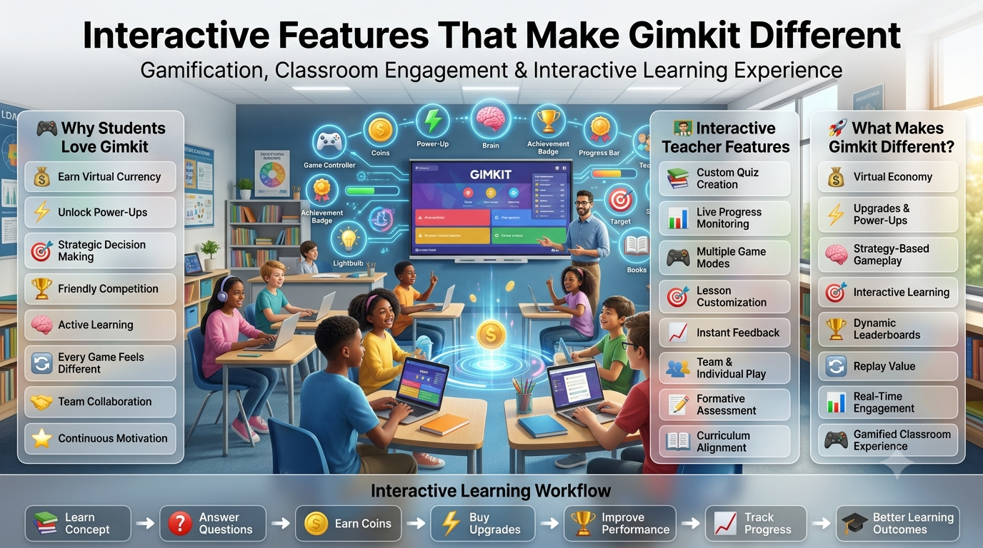 Premium educational infographic showing the interactive features that make Gimkit different, including virtual rewards, power-ups, team collaboration, strategic gameplay, live leaderboards, classroom engagement, and teacher customization tools in a modern smart classroom.Interactive Features That Make Gimkit Different Educational Infographic