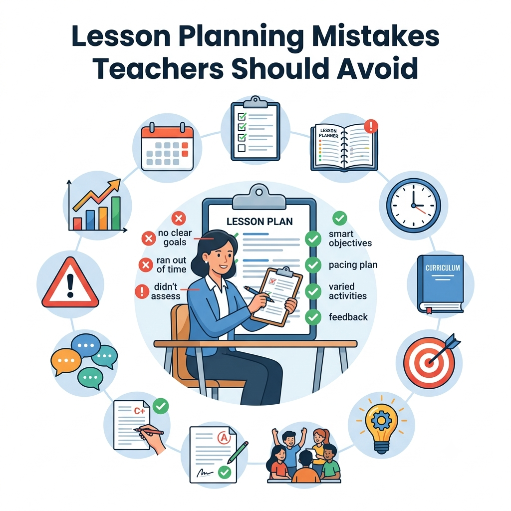 Lesson Planning Mistakes Teachers Should Avoid illustration showing a teacher reviewing lesson plans with planning, assessment, and classroom management icons.Lesson Planning Mistakes Teachers Should Avoid