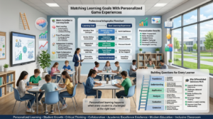 Educational infographic showing how different learning goals and question difficulty levels support personalized learning in a modern classroom.