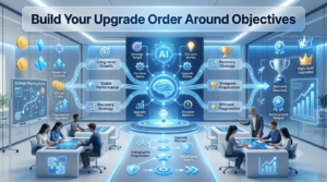 Premium 16:9 educational gaming hero banner showing students planning a Gimkit upgrade strategy around different match objectives, with strategic pathways, upgrade progression, decision trees, and futuristic classroom technology.