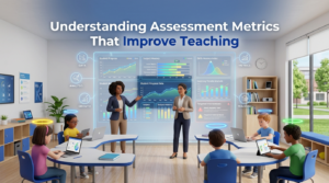 Premium 16:9 educational hero banner showing a teacher analyzing assessment metrics on an advanced digital analytics dashboard with student growth trends, accuracy charts, mastery indicators, question analysis, curriculum alignment, and classroom performance insights.
