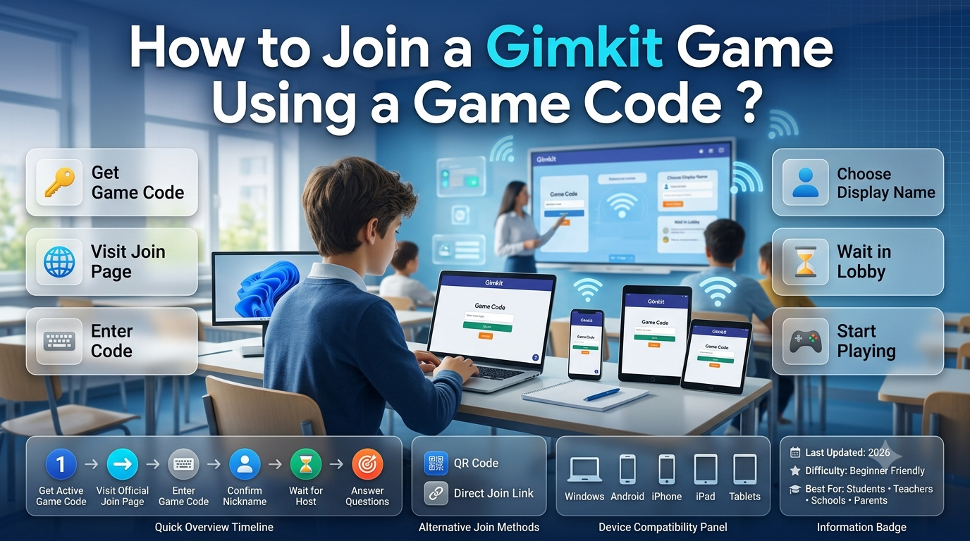 Step-by-step Gimkit game code infographic showing students joining a live game using a game code, QR code, or join link on multiple devices.How to Join a Gimkit Game Using a Game Code (Beginner Guide)