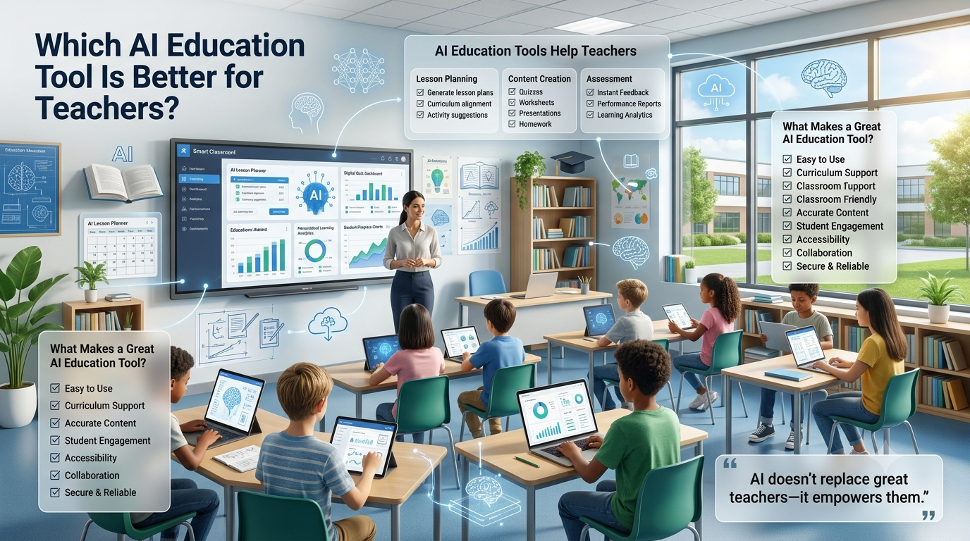 Modern smart classroom showing a teacher using AI-powered education tools for lesson planning, assessments, personalized learning, and classroom management.Which AI Education Tool Is Better for Teachers? – Complete Classroom Comparison Guide (2026)
