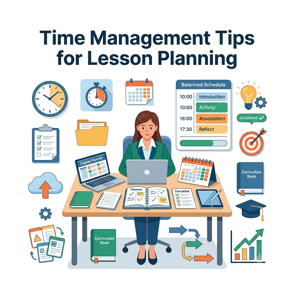 Time Management Tips for Lesson Planning illustration showing a teacher organizing lesson plans with calendars, checklists, digital planning tools, and productivity icons.Time Management Tips for Lesson Planning