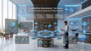 Premium 16:9 hero banner showing an experienced Gimkit player monitoring a live competitive awareness dashboard with radar visualization, leaderboard intelligence, resource tracking, risk analysis, and strategic decision-making interfaces.