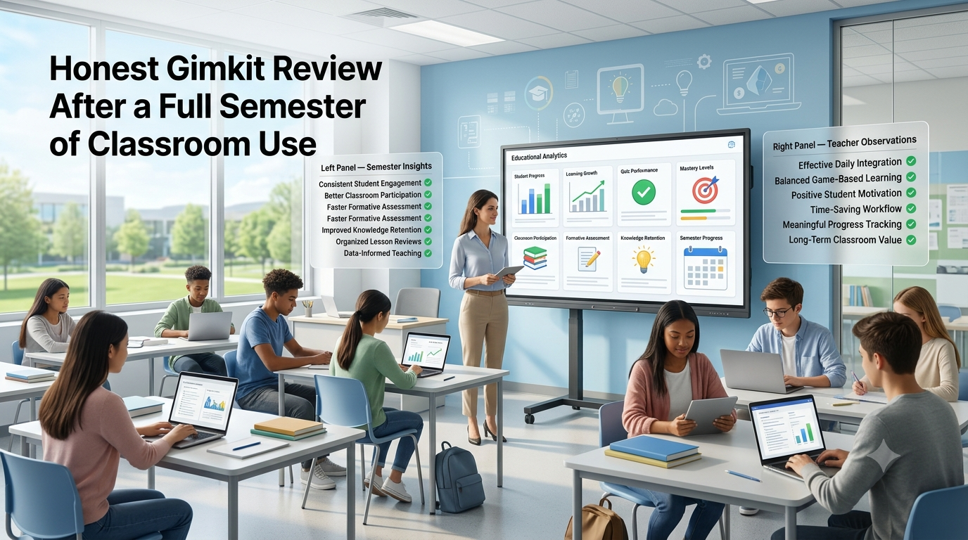 Modern classroom with a teacher reviewing student progress analytics on a smartboard while students participate in interactive digital learning during a full semester.Honest Gimkit Review After a Full Semester of Classroom Use