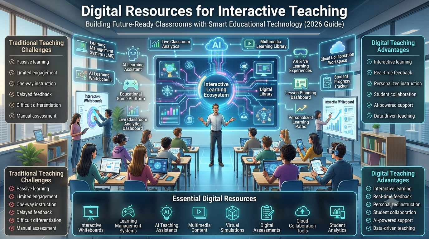 Educational infographic showing a modern smart classroom with a teacher using digital resources including AI assistants, interactive whiteboards, educational games, learning management systems, VR learning, multimedia content, and live student analytics.Digital Resources for Interactive Teaching: Complete Smart Classroom Guide (2026)