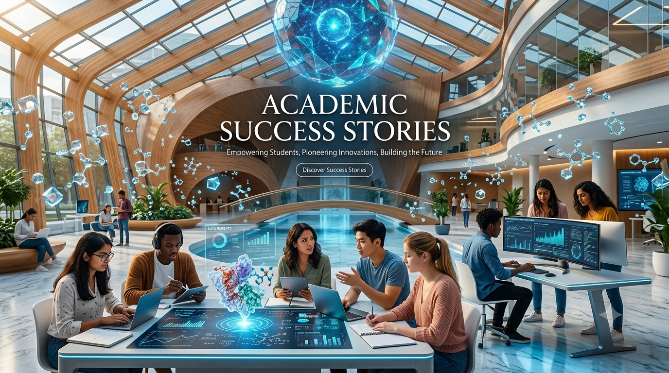 Premium 16:9 editorial hero image showing students progressing through an innovative academic learning hub, symbolizing knowledge growth, study success, critical thinking, and long-term educational achievement.Academic Success Stories Full Guide