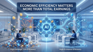 Premium 16:9 educational gaming hero banner illustrating Gimkit economic efficiency with strategic resource management, sustainable growth, virtual coins, and smart investment planning in a futuristic classroom.
