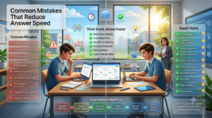 Educational infographic comparing common study mistakes with expert learning habits, showing a student improving quiz response speed and accuracy in a modern smart classroom.