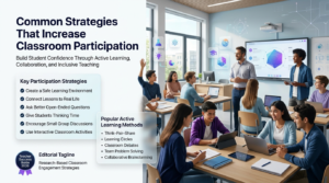 Professional educational website hero banner showing a teacher facilitating active classroom participation through group discussions, think-pair-share activities, open-ended questioning, and collaborative learning in a modern smart classroom with editorial layout and educational infographic elements.Common Strategies to Increase Classroom Participation Through Active Learning and Student Engagement