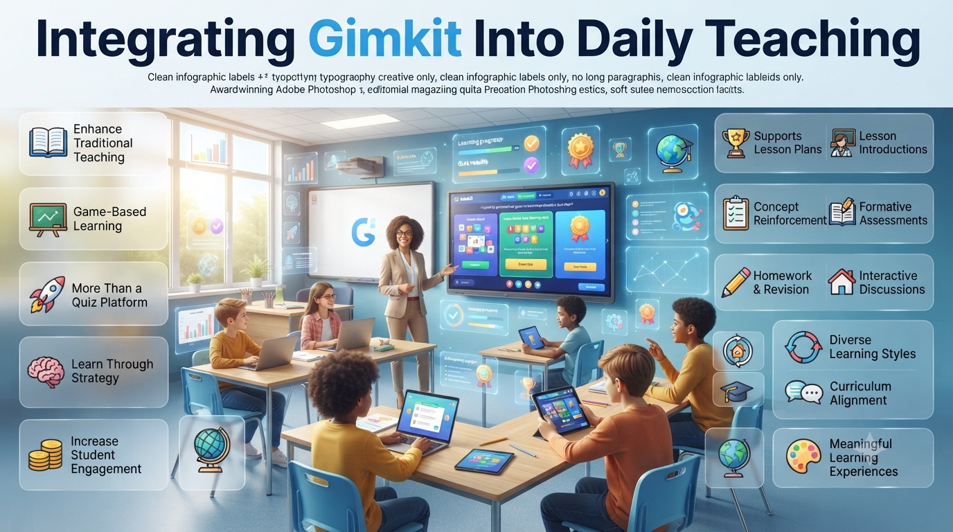 Teacher using Gimkit in a modern classroom with students participating in interactive game-based learning, formative assessments, and collaborative educational activities.Integrating Gimkit Into Daily Teaching for Student Engagement