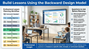 A teacher planning a lesson using the Backward Design Model with a classroom workflow infographic showing curriculum standards, learning objectives, assessment, and lesson planning.