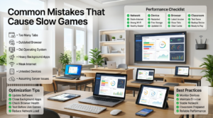 Modern classroom with laptops, Chromebooks, tablets, and smartphones displaying educational live quiz dashboards alongside infographic panels showing common performance mistakes, optimization tips, and a classroom readiness checklist.