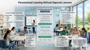 Modern classroom infographic showing personalized learning pathways, different learning styles, student goal setting, and differentiated instruction within a single lesson.