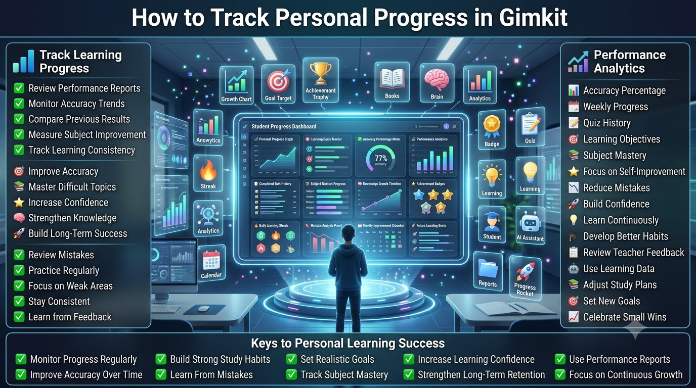 How to Track Personal Progress in Gimkit infographic featuring a futuristic student learning dashboard with progress analytics, accuracy tracking, achievement badges, performance reports, study goals, growth mindset strategies, and long-term academic improvement in a premium 16:9 EdTech design.How to Track Personal Progress in Gimkit – Student Growth & Performance Guide (2026)