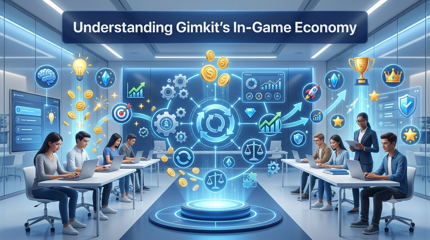 Premium 16:9 educational gaming hero banner showing Gimkit's in-game economy with virtual coins, resource flow, strategic investments, economic growth, and futuristic classroom technology.Understanding Gimkit's In-Game Economy