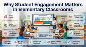 Educational infographic showing engaged elementary students using interactive learning with Gimkit, highlighting focus, participation, knowledge retention, and classroom success.