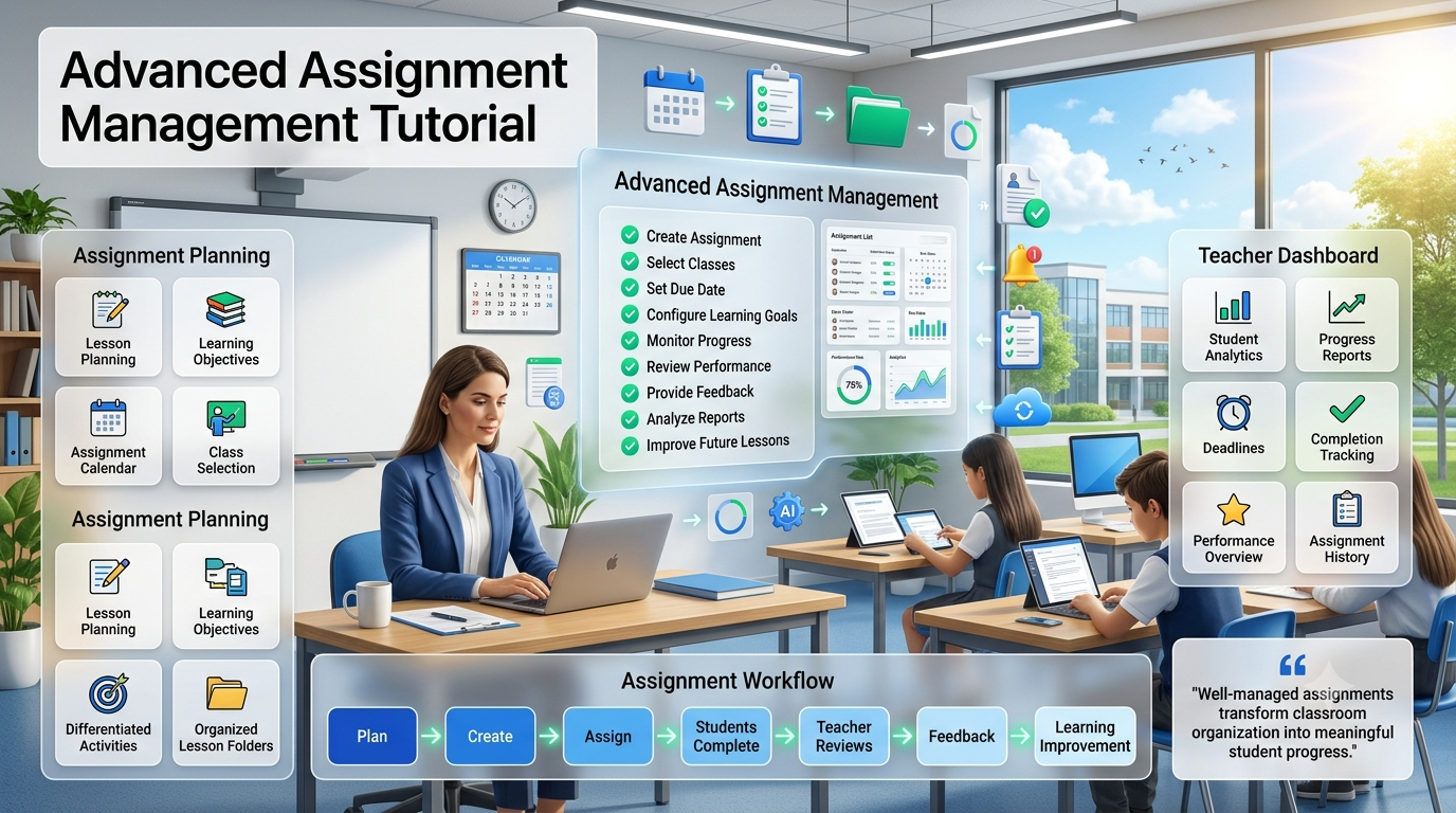 Professional teacher managing digital classroom assignments with analytics dashboard, progress tracking, calendars, and student performance reports in a modern smart classroom.Advanced Assignment Management Tutorial – Smart Classroom Workflow & Teacher Guide