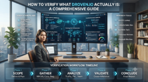 Professional technology infographic showing how to verify Droven.io through official sources, documentation, transparency checks, legal policies, and digital identity verification.
