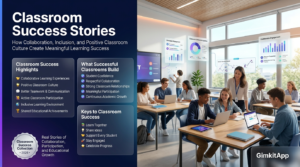 Premium editorial website hero banner showing a collaborative modern classroom using Gimkit, featuring diverse students working together, active participation, teamwork, positive classroom culture, and elegant infographic panels highlighting classroom success stories.