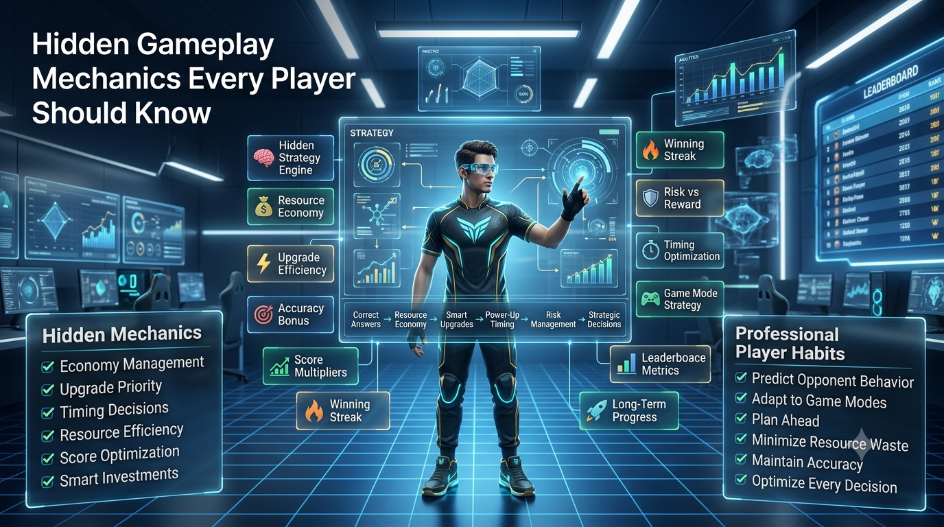 Futuristic gaming strategy dashboard showing hidden gameplay mechanics including resource economy, upgrade efficiency, score multipliers, timing optimization, and leaderboard analytics.Hidden Gameplay Mechanics Every Player Should Know – Advanced Strategy Guide (2026)