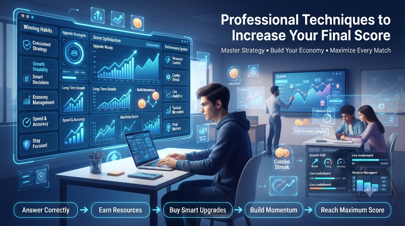 Professional gaming education infographic showing advanced Gimkit strategies, score optimization, economy management, tactical decision-making, and competitive classroom gameplay.Professional Techniques to Increase Your Final Score | Latest 99+