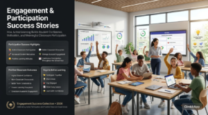 Premium editorial website hero banner showing highly engaged students participating in a Gimkit classroom, featuring active discussions, collaboration, increased motivation, and elegant infographic panels highlighting engagement and participation success stories.