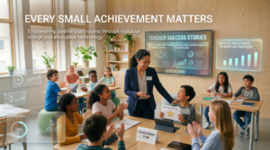 Premium editorial 16:9 hero image showing a teacher celebrating a student's small achievement in a modern classroom, encouraging confidence, continuous progress, and positive learning.