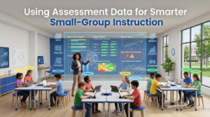 Premium 16:9 educational hero banner showing a teacher using assessment data to organize students into targeted small learning groups with interactive analytics dashboards, personalized instruction, progress tracking, and collaborative classroom learning.