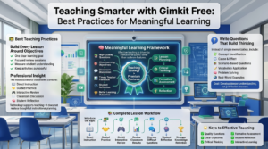 Educational infographic illustrating how effective teaching with Gimkit Free depends on learning objectives, high-quality questions, formative assessment, classroom discussion, student reflection, and structured lesson planning.