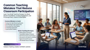 Premium educational website hero banner showing a teacher improving classroom participation by avoiding common teaching mistakes, encouraging introverted students, using think-pair-share, allowing wait time, and creating an inclusive learning environment with professional editorial infographic layout.