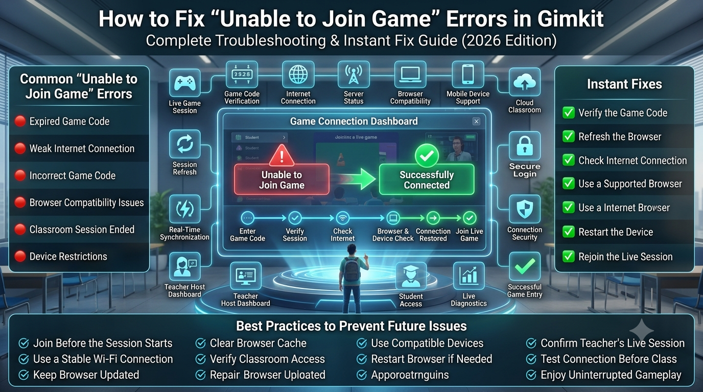 Educational technology infographic showing a student fixing an "Unable to Join Game" error in Gimkit through game code verification, browser troubleshooting, internet diagnostics, and successful connection to a live classroom session.How to Fix Unable to Join Game Errors (Gimkit)