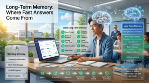 Student demonstrating fast memory recall while answering a digital quiz with a glowing brain illustration showing long-term memory formation and neural connections in a modern classroom.