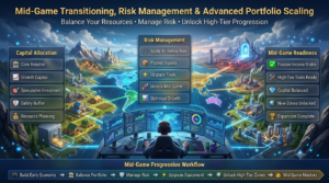 Premium gaming strategy infographic showing mid-game portfolio balancing, risk management, capital allocation, resource optimization, and strategic progression toward high-tier gameplay.