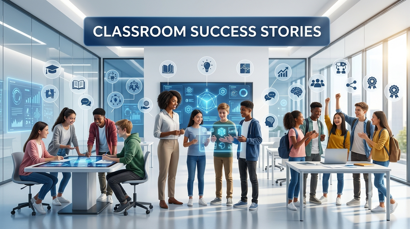 Premium 16:9 educational classroom illustration showing students collaborating, sharing ideas, celebrating success, and building a positive learning community in a modern smart classroom.Classroom Success Stories