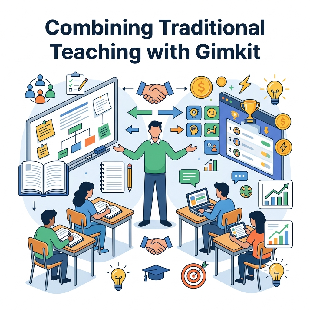 Combining Traditional Teaching with Gimkit illustration showing a teacher integrating classroom instruction with interactive digital learning activities.Combining Traditional Teaching with Gimkit