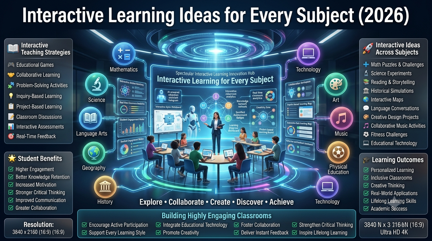 Premium 16:9 educational infographic showing interactive learning ideas for every subject, featuring a futuristic smart classroom with AI-powered learning, collaborative activities, gamification, project-based learning, and subject-specific teaching strategies.Interactive Learning Ideas for Every Subject: Complete Classroom Guide (2026)