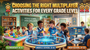Premium 16:9 educational hero banner showing a teacher leading age-appropriate multiplayer classroom activities across elementary, middle school, and high school learning zones with collaborative teamwork, educational technology, and interactive group learning.