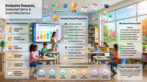 Educational infographic showing a seasonal reward progression system, exclusive classroom rewards, participation milestones, and student engagement in a modern learning environment.