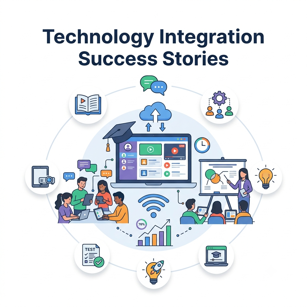 Technology Integration Success Stories illustration with education technology icons.Technology Integration Success Stories