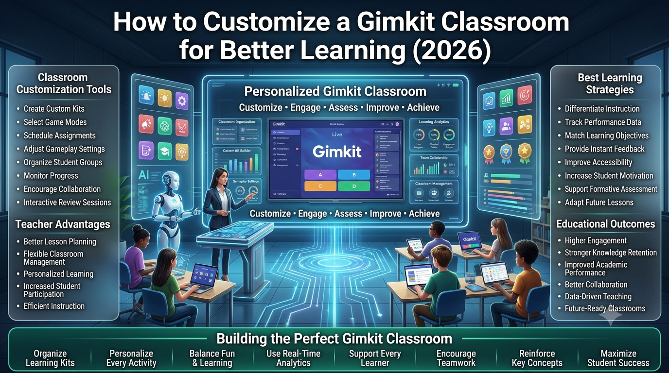 Premium 16:9 educational technology infographic showing how to customize a Gimkit classroom with personalized learning, custom Kits, gameplay settings, AI-powered dashboards, formative assessment, student analytics, and classroom management tools.How to Customize a Gimkit Classroom for Better Learning: Complete Guide (2026)